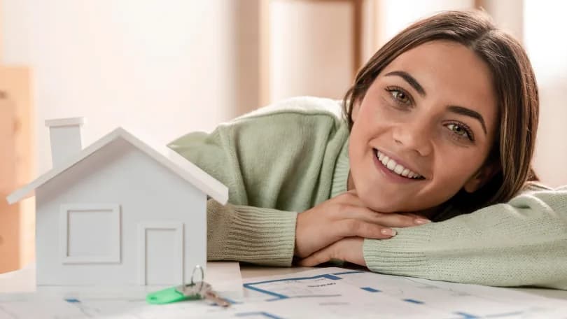 Smiling woman resting beside a house model and documents, feeling confident about managing household expenses in Ontario