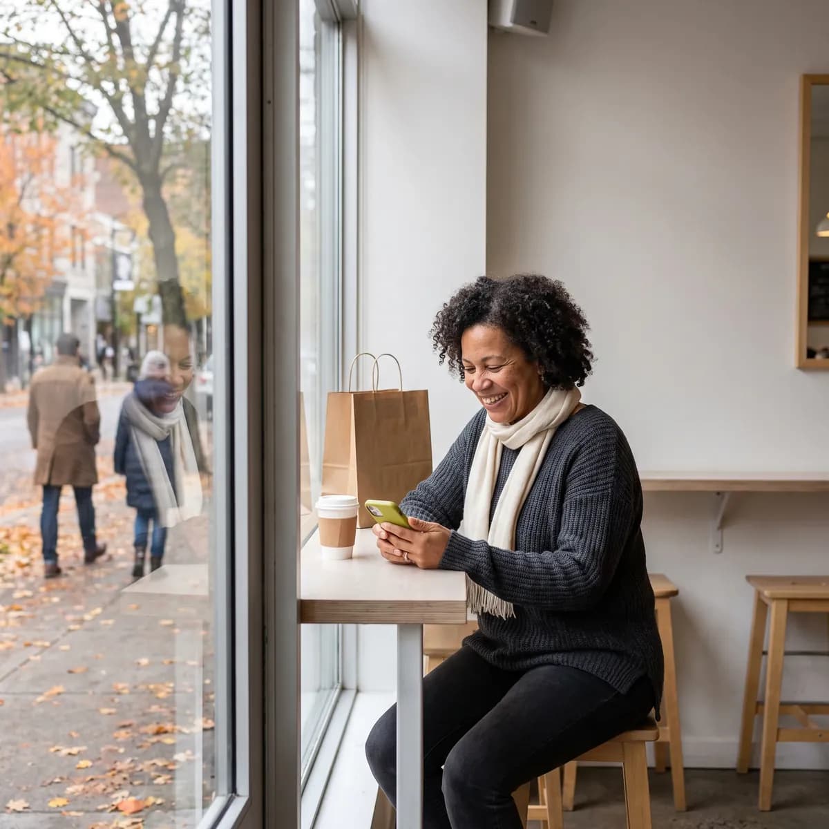 Une femme sourit en regardant son téléphone au comptoir d'un café de quartier