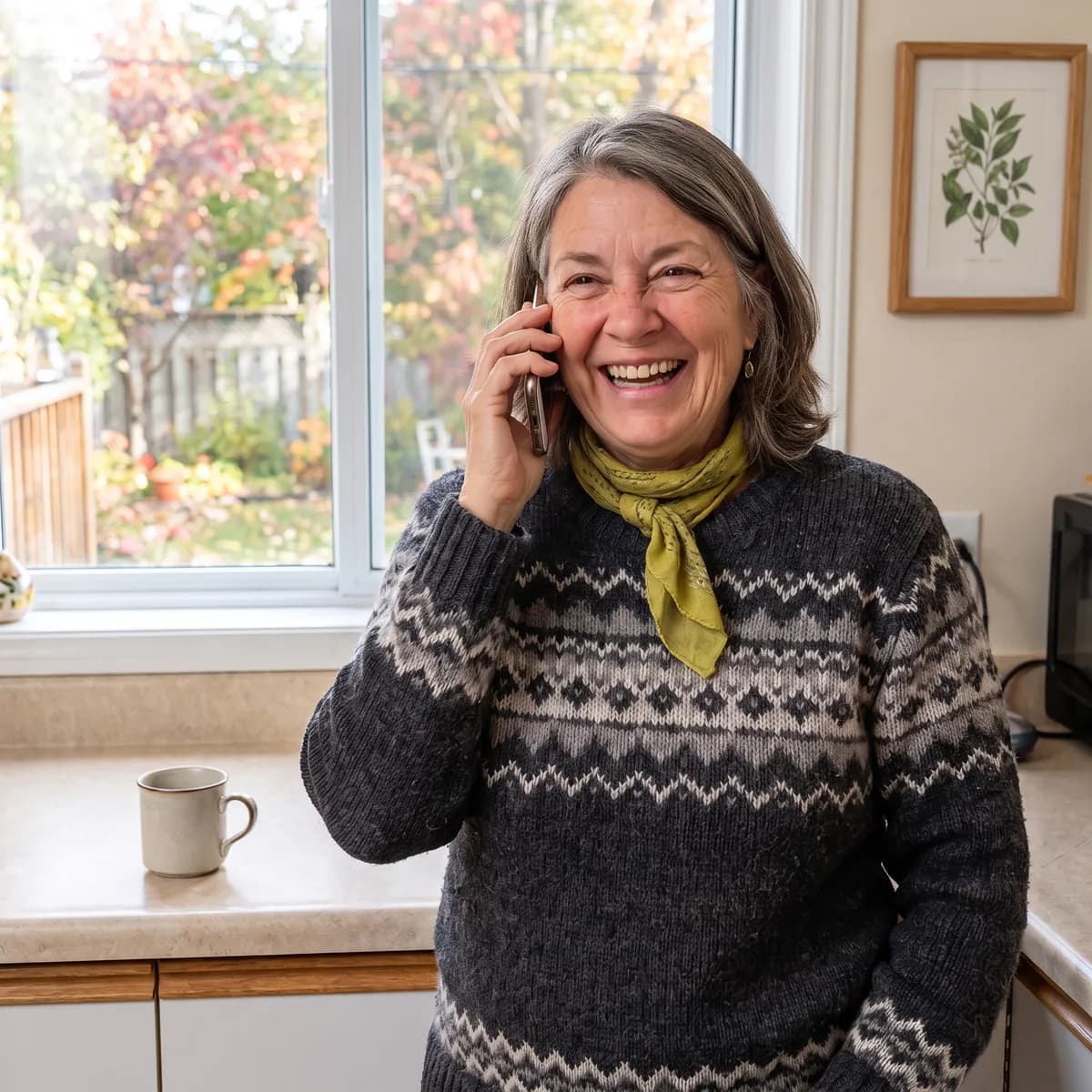 Une femme rit au téléphone dans sa cuisine