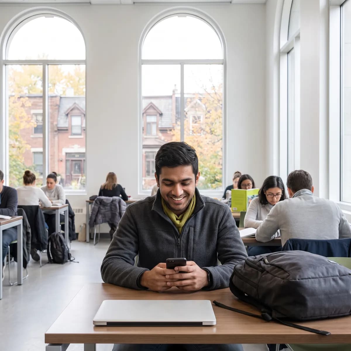 Un étudiant sourit en regardant son téléphone à la bibliothèque